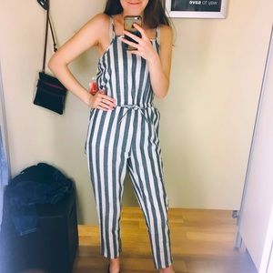 Gray and White Striped Jumpsuit